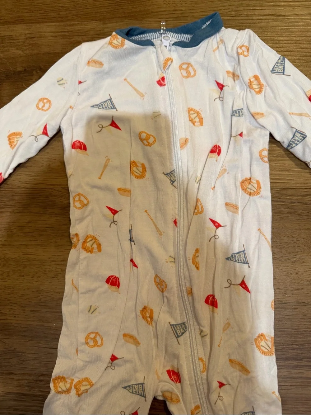 White Footed Kids Pajama Sleeper with Orange & Blue Snack Baseball Print